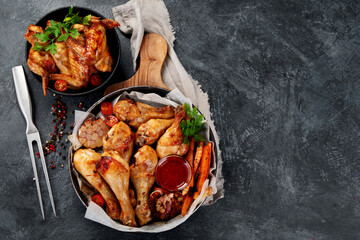 Roasted chicken legs with garlic and sauce on gray background.