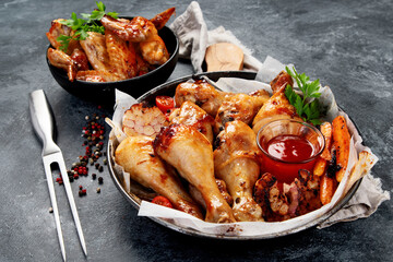 Roasted chicken legs with garlic and sauce on gray background.