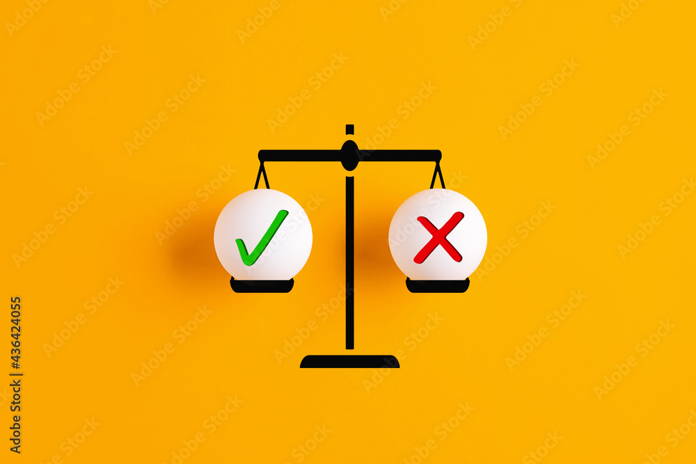 Poster right and wrong or yes or no symbols are in balance on a scale.