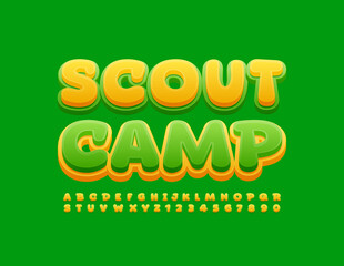 Vector green banner Scout Camp with creative Font. Set of modern Alphabet Letters and Numbers