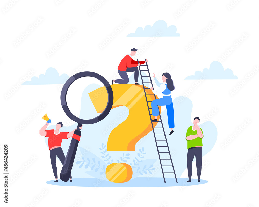 Poster q and a or faq concept with tiny people characters, big question mark, frequently asked questions te