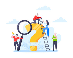 Q and A or FAQ concept with tiny people characters, big question mark, frequently asked questions template. Answers business support concept flat style design vector illustration. - obrazy, fototapety, plakaty
