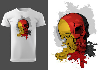 T-shirt Design with a Skull Painted with German Flag - Colored Illustration with Dripping Paint Isolated on White Background, Vector