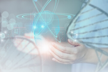 Doctor or scientist using advanced visual interface technology analysis DNA structure molecule chain for human,medical and genetics,science biotechnology human cell in laboratory of biochemistry