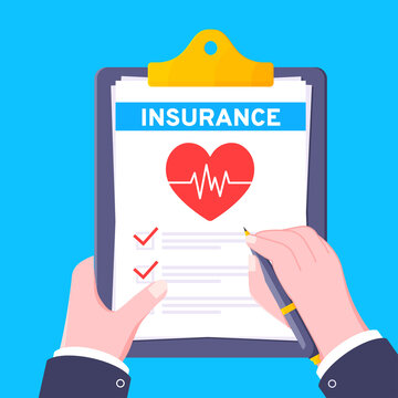 Hand signs medical insurance claim formon clipboard with file paper sheets flat style design vector illustration. Concept of fill out or online survey healthcare insurance application form.