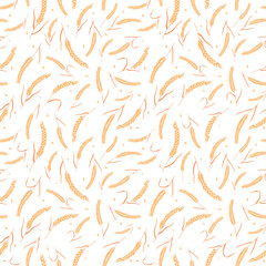 Seamless pattern with whole grain seeds organic, natural ears isolated on white background flat style design vector illustration. Wheat, barley or rye ears with straw chaotic version.
