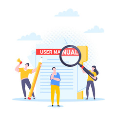 User manual guide book flat style design vector illustration. Tiny people, magnifying glass and pencil working together with guide book. Specifications user guidance document.