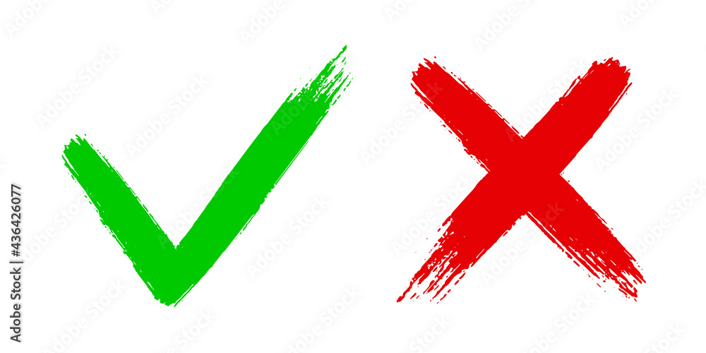 Poster cross x and tick v ok check mark vector illustration isolated on white background. two dirty grunge 