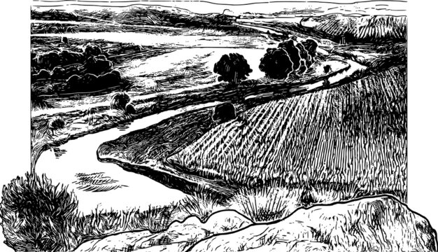 River, fields, stones, vintage rural landscape engraving. Black and white farm scenery. Hand drawn countryside retro graphic