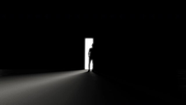 A person stands in front of an open door, rays of light penetrate inside. The door closes in the dark. The concept of a missed chance and a loss of hope. The camera moves further into the darkness.
