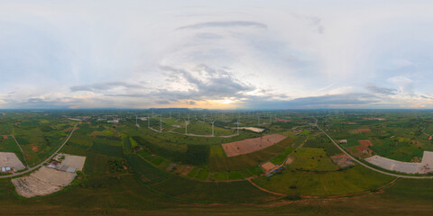 360 panorama by 180 degrees angle seamless panorama of aerial view of wind turbines or windmills...