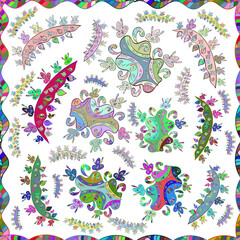 Seamless pattern with interesting doodles on colorfil background. Raster illustration.