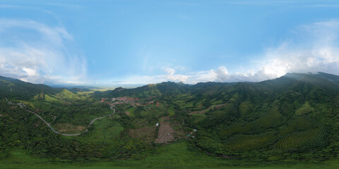 360 panorama by 180 degrees angle seamless panorama of aerial top view of forest trees and green mountain hill. Nature landscape background, Thailand.