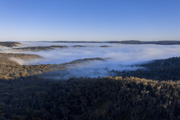 Plakat Drone aerial photograph of fog in a large valley in regional Australia
