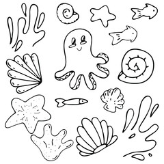 set of marine elements, waves, fish, shells, octopus, vector set of doodle elements with black outline, coloring