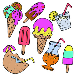 set of refreshing drinks, ice cream and popsicles, vector set of colored doodle elements with black outline