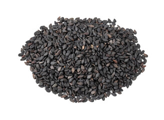 handful of black sesame seeds closeup on white