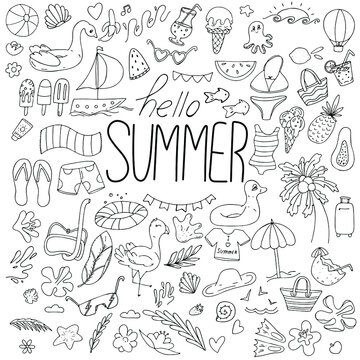 hello summer, set of summer items - tree, swimsuit, inflatable circle, vector set of doodle elements, coloring, black outline