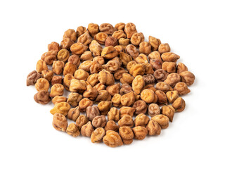 pile of raw black chickpeas closeup on white
