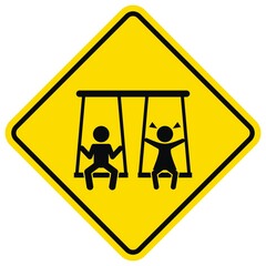little girl and boy on a swing , playground, black vector icon on yellow background, frame