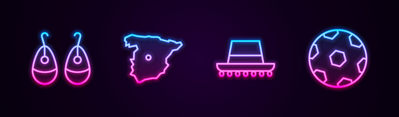 Set line Earrings, Map of Spain, Spanish hat and Football ball. Glowing neon icon. Vector