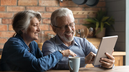 Happy mature couple use table in kitchen. Smiling husband in glasses grey haired wife buy goods...