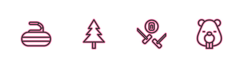 Set line Stone for curling, Curling sport game, Christmas tree and Beaver animal icon. Vector