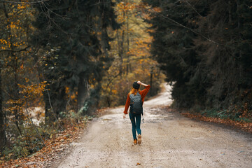 woman travels in autumn forest on the road landscape tall trees backpack model