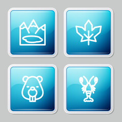 Set line Canadian lake, maple leaf, Beaver animal and Lobster icon. Vector