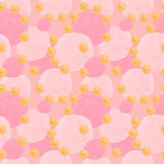 Watercolor seamless pattern in on-trend color with circles and shapes.Kids sun texture on pink isolated hand painted background.Designs for nursery rooms,wallpapers,textiles,t-shirts,scarves.