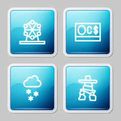 Set line Ferris wheel, Canadian dollar, Cloud with snow and Inukshuk icon. Vector