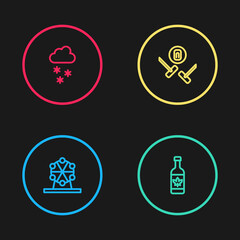 Set line Ferris wheel, Beer bottle, Curling sport game and Cloud with snow icon. Vector