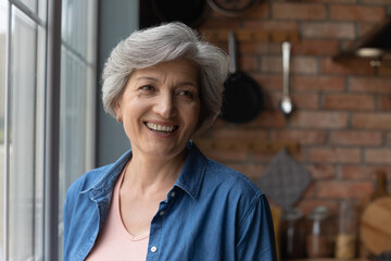 Head shot portrait cheery elderly woman pose indoors, attractive grey-haired middle aged female with toothy wide smile looks into distance standing in domestic cozy kitchen enjoy midlife feels happy