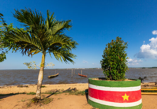 Albina, Suriname - September 2020: Flag Of Suriname Painted On Plant Pot At The French Guiana Border.