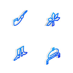 Set Isometric line Chestnut leaf, Smoking pipe, Ukrainian footwear and Bread and salt icon. Vector