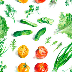Vegetables and scented herbs watercolor isolated on white background seamless pattern for all prints. Vegan pattern.
