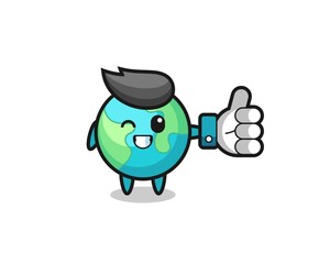 cute earth with social media thumbs up symbol