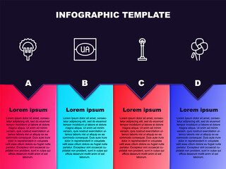 Set line Dumplings on fork, Flag of Ukraine, Monument Independence and Poppy flower. Business infographic template. Vector