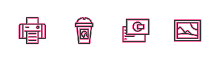 Set line Printer, Business card, Coffee cup to go and Picture landscape icon. Vector