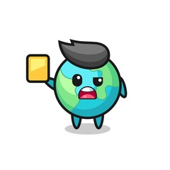 cartoon earth character as a football referee giving a yellow card
