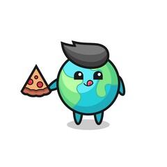cute earth cartoon eating pizza
