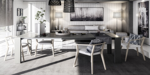Modern Furnishings Inside an Living Room Designed in White Wood - panoramic black and white 3D Visualization