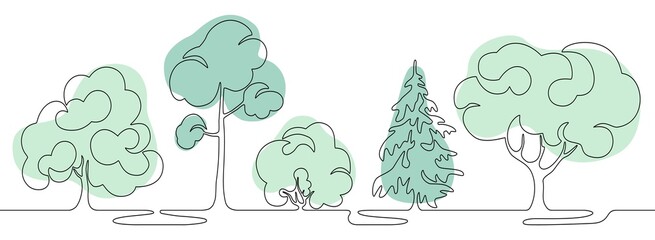 Outlines of trees. Linear art. Vector set of illustrations on an isolated white background.Hand-drawn drawings in one line. Elements for landscape design, printing and cover art.