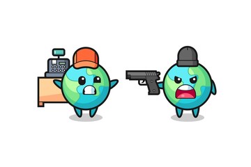 Fototapeta premium illustration of the cute earth as a cashier is pointed a gun by a robber