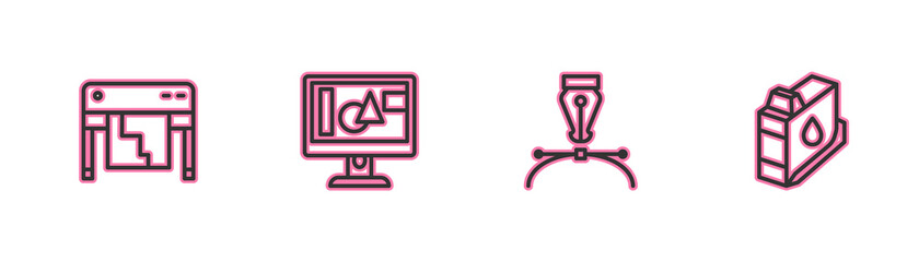 Set line Plotter, Fountain pen nib, Computer monitor screen and Printer ink cartridge icon. Vector