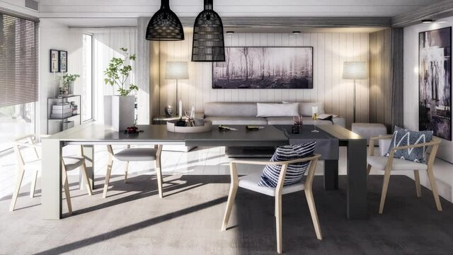 Modern Furnishings Inside an Living Room Designed in White Wood - loopable 3d visualization