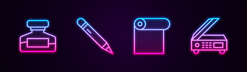 Set line Ink bottle, Pencil with eraser, Roll of paper and Scanner. Glowing neon icon. Vector