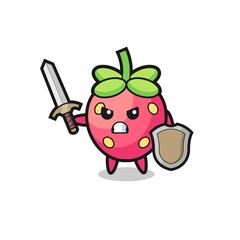 cute strawberry soldier fighting with sword and shield