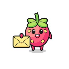 cartoon illustration of strawberry holding a yellow letter