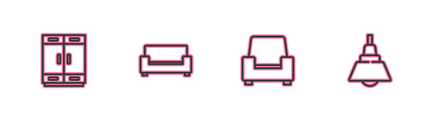 Set line Wardrobe, Armchair, Sofa and Chandelier icon. Vector